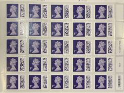 50 x 1st class Purple self adhesive stamps with QR code and on business sheet format
